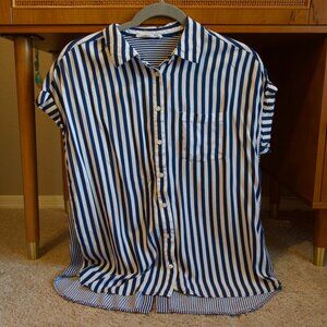 Jane & Delancey Striped Button Down Short Sleeve Blouse (Size M)